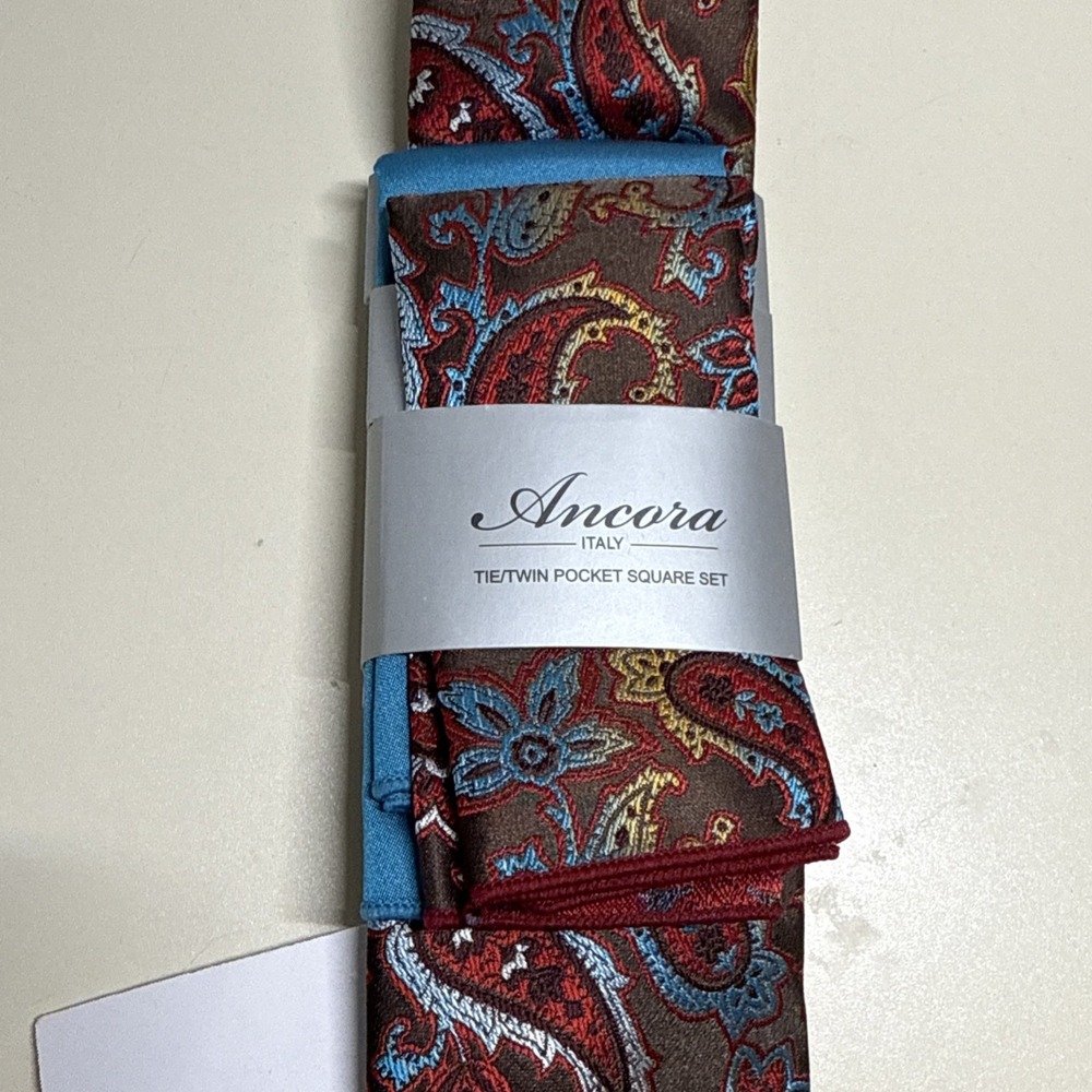 Ancora Italy Microfiber Men's Neck Tie With Pockets Square Set Made In China NWT